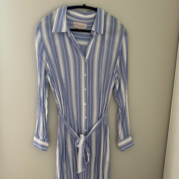 Blue-white striped collar shirt dress with belt , Size L - Picture 2 of 2
